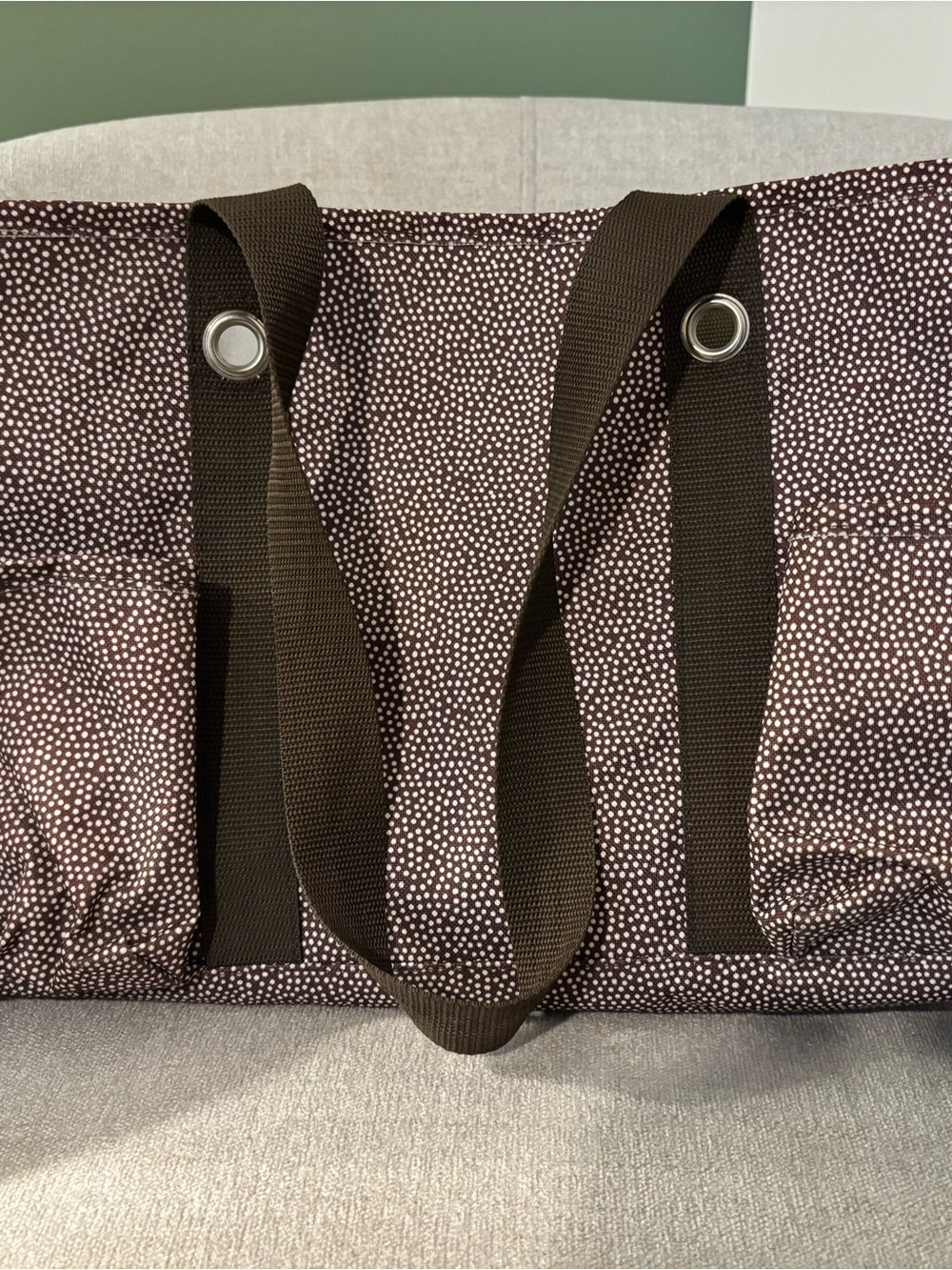 Thirty One Organizing Tote - Brown and White Polka Dot with Webbed Straps